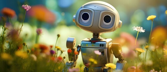 A small robot stands in a field of flowers. AI.