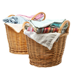 Laundry basket full of clothes isolated on white background.