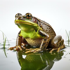 Obraz premium A green frog sits on a lily pad in a pond. AI.
