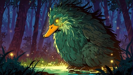 Fototapeta premium Illustration of a terrifying duck-like creature, dark magic and mythical beasts, glowing red markings, cinemtic look