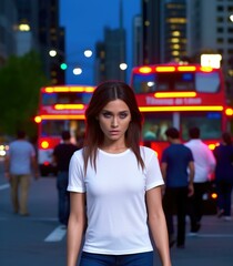 A young woman in a white shirt and blue jeans stands in the middle of a busy city street with a blurred background of people and buses. AI.