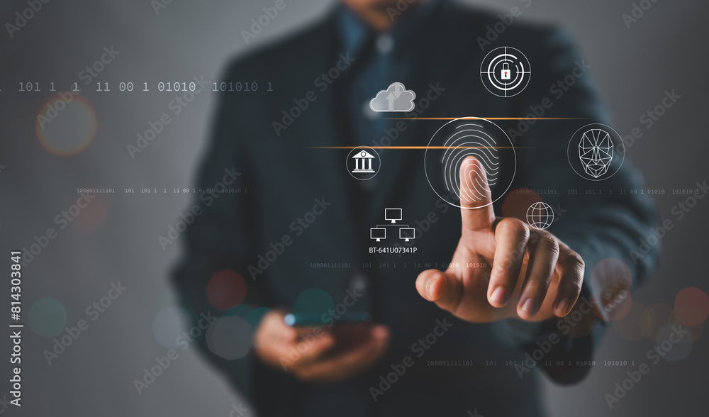 Poster Biometrics security system. Woman using fingerprint identification to access personal financial data on mobile phone, mobile banking app. biometrics cyber security innovation technology