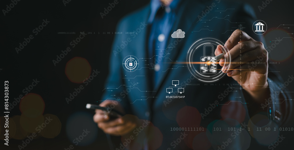 Aufkleber Network security. Businessman using digital tablet with digital padlock for data protection, internet technology networking and cyber security technology