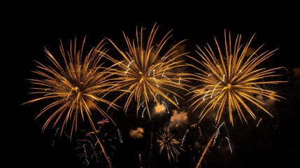 Happy New Year 2025. 2025 gold metal sign, dark background with fireworks.