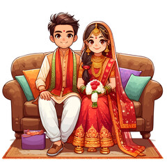 Indian bride groom cartoon character illustration 