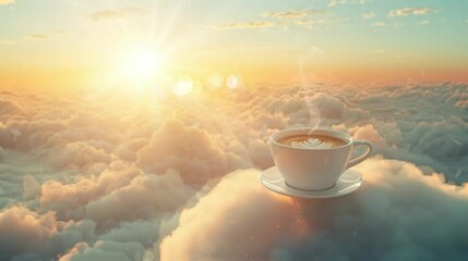 an illustration of a warm cup of coffee served on a beautiful cloud. seamless looping time-lapse virtual 4K video Animation Background.