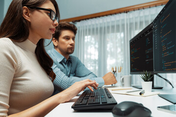 Team skilled developers program thinking newest coding creative website planning software project...