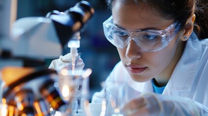 Portrait of a young scientist using a microscope in a lab