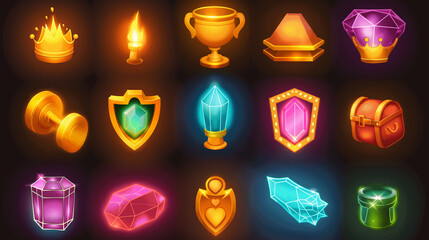 Set of Slot game icon element isolation on dark background, Illustration