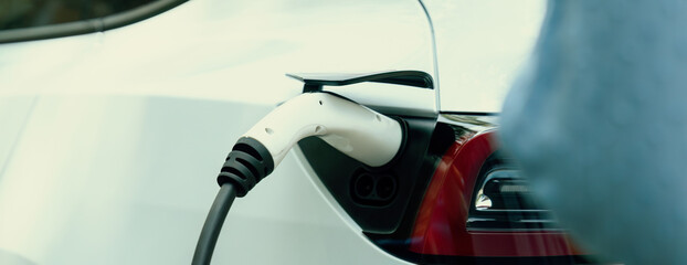 Panorama closeup EV charger handle plugged in or connect to electric car, recharging EV car battery...