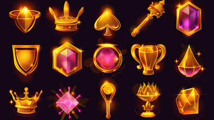 Set of Slot game icon element isolation on dark background, Illustration