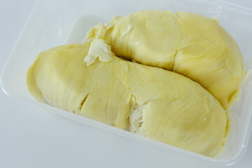 Fresh Durian Monthong on Plastic Container Isolated on White