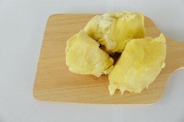 Fresh Durian Monthong on Wooden Plate Isolated White