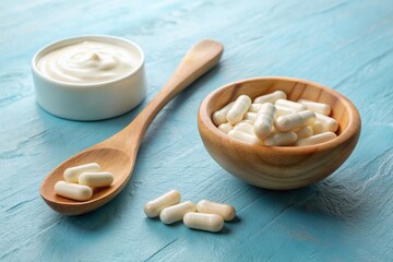 Capsules probiotic on a wooden spoon and bowl with homemade yogurt on light blue background....