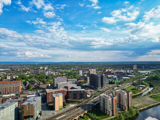 High Angle View of Greater Manchester City Centre Buildings During Beautiful Sunny day over England UK. May 5th, 2024