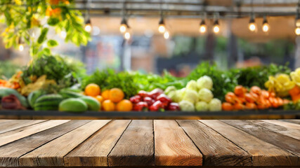 Wood texture table top with blur grocery,market store background,vegetable and fruit market background.