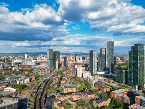 High Angle View of Greater Manchester City Centre Buildings During Beautiful Sunny day over England UK. May 5th, 2024