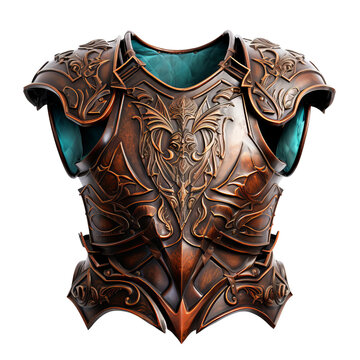 3D of a highly detailed copper-colored breastplate with ornate flourishes.