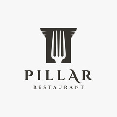 Classical elegant restaurant logo with old style pillar and fork vector icon on white background