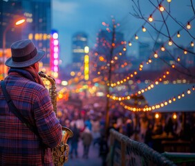 Musician with saxophone performing outdoors with festive city lights and crowd in the background