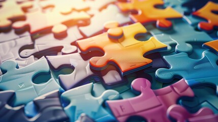 Colorful jigsaw puzzle pieces, business idea, teamwork and success concept, Close up illustration .