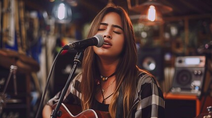 Obraz premium A young Hispanic woman singing passionately into a microphone, with a guitar and music equipment in the background