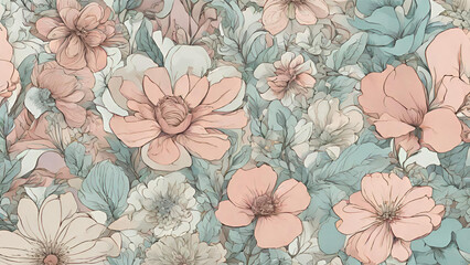 Ethereal Blossoms A Seamless flowers Pattern Featuring Delicate, Pastel-Colored Flowers With Intricate Details Background.