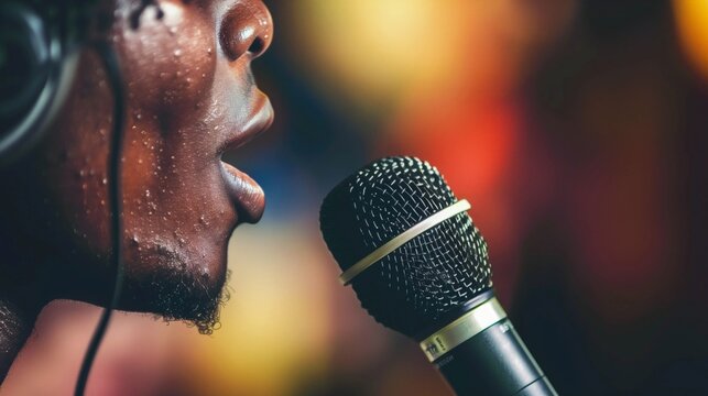 Close-up of an intense performance by an African American male singer, passionately singing into a microphone