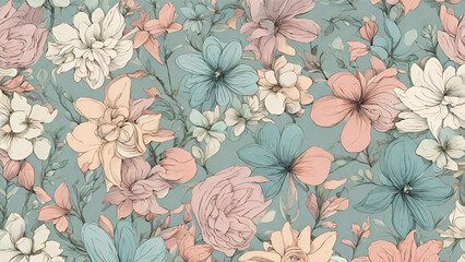 Ethereal Blossoms A Seamless flowers Pattern Featuring Delicate, Pastel-Colored Flowers With Intricate Details Background.