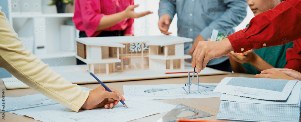 Poster professional architect team select sustainable house materials while skilled engineer using divider 