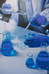 chemist,scientist hand dropping chemical liquid into test tube, science research and development concept