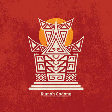 Rumah Gadang design for posters, t shirts, banners, flyers, fabric factories. Hand Drawn vintage grunge aesthetic trend vector design. West Sumatran traditional house icon design in geometric style.