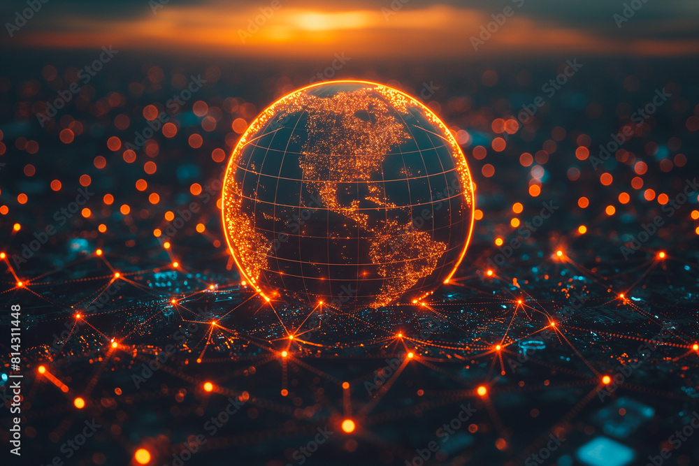 Poster a glowing globe is surrounded by a network of glowing lines