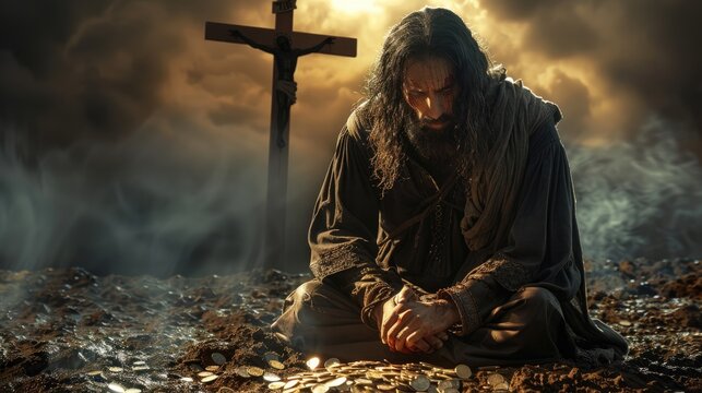 Betrayal and redemption: the scene of the thirty pieces of silver of Judas, where the consequences of his deeds are clearly shown next to Jesus Christ crucified on the cross, symbolising the tragedy.