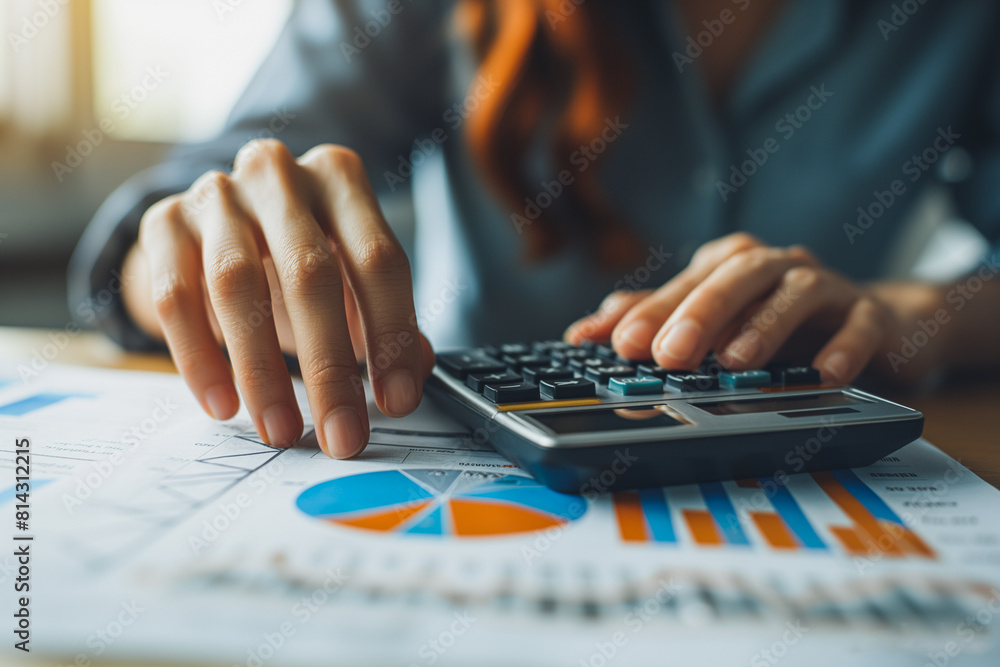 Poster a woman is using a calculator to add numbers on a piece of paper