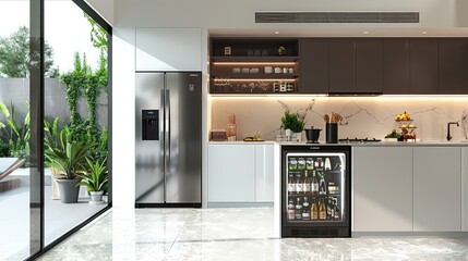 Elegant Modern Kitchen with Island and Large Windows

