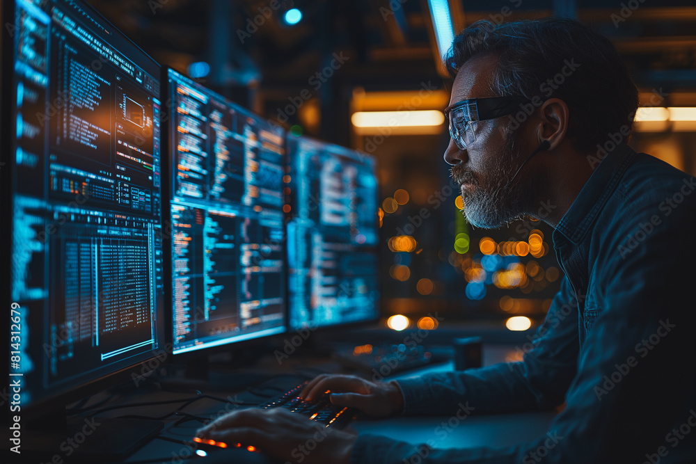Poster a man is sitting in front of three computer monitors, typing on a keyboard