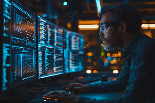 A man is sitting in front of three computer monitors, typing on a keyboard