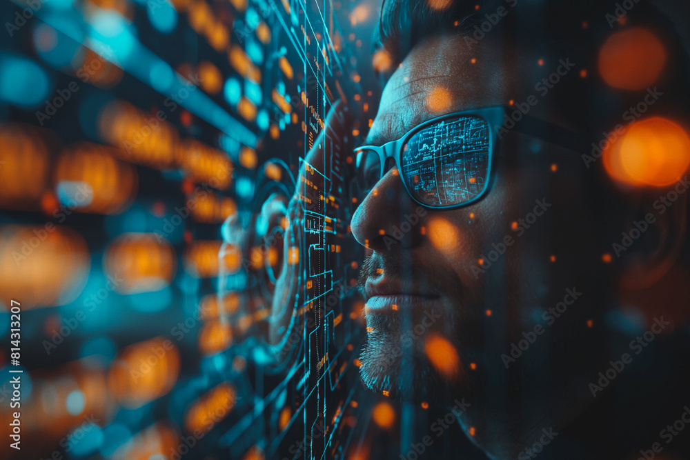 Poster a man with glasses looking at a computer screen with a blurry background