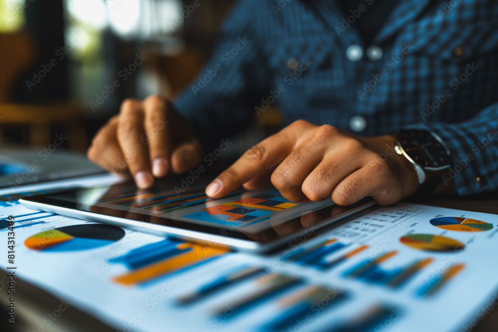 Aufkleber a man is using a tablet to look at a graph
