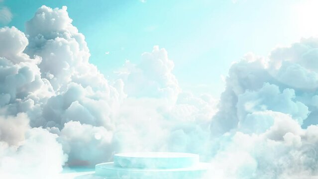 cloud background podium blue 3d product sky white. seamless looping overlay 4k virtual video animation background