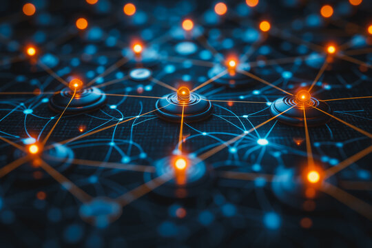 A computer network with many nodes and a bright orange light