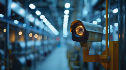 Close-up of a security surveillance camera monitoring a long, industrial warehouse aisle at night.