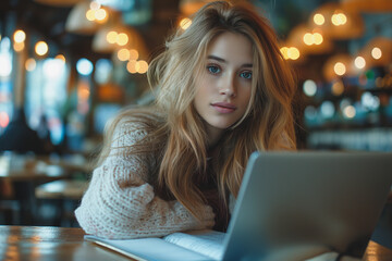 She is focused on her work or browsing the internet