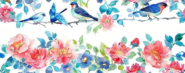 Seamless vintage watercolor with peonies and birds.