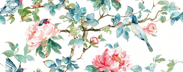 Seamless vintage watercolor with peonies and birds.