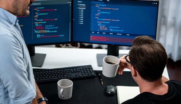 IT developers discussing online software development information on pc screen, creating program coding for latest version application on website. Concept of brainstorming firmware updated. Sellable.