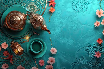 3d Islamic holiday banner. Top view illustration of Ramadan decoration on blue pattern table including lantern coffee pot and the holy Quran. Calligraphy