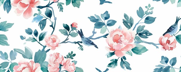 Seamless vintage watercolor with peonies and birds.