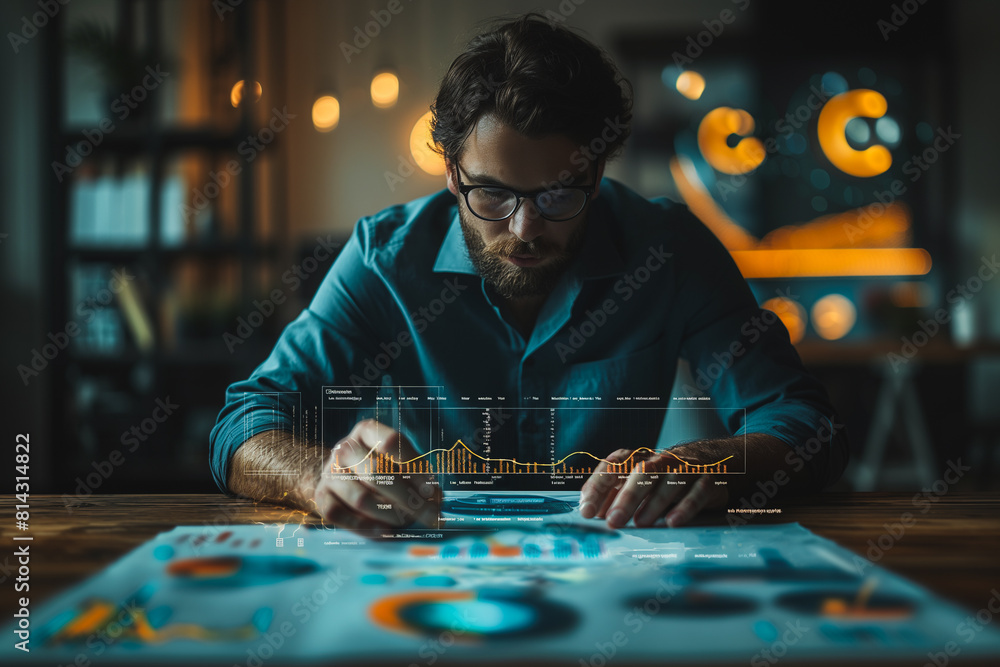 Poster a man is sitting at a table with a computer screen in front of him